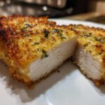 Close-up of Crispy Air Fryer Pork Chops cut in half showing juicy white meat and golden breading.