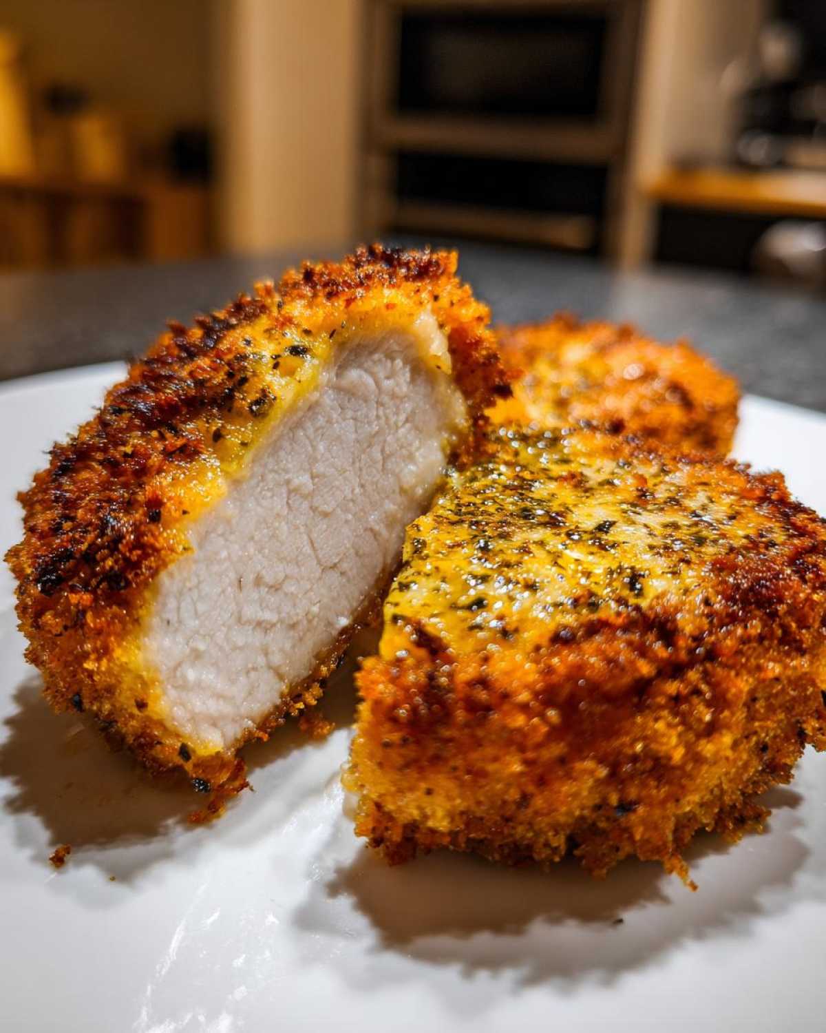 Close-up of a Crispy Air Fryer Pork Chop cut in half showing juicy white meat and golden crust.