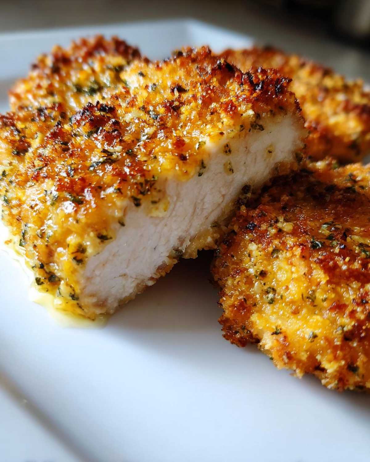 Close-up of juicy Crispy Air Fryer Pork Chops, showing the golden breading and tender white interior.