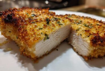 Close-up of Crispy Air Fryer Pork Chops cut in half showing juicy white meat and golden breading.