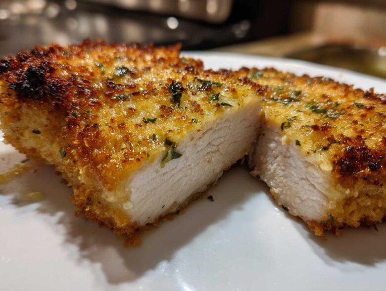 Close-up of Crispy Air Fryer Pork Chops cut in half showing juicy white meat and golden breading.