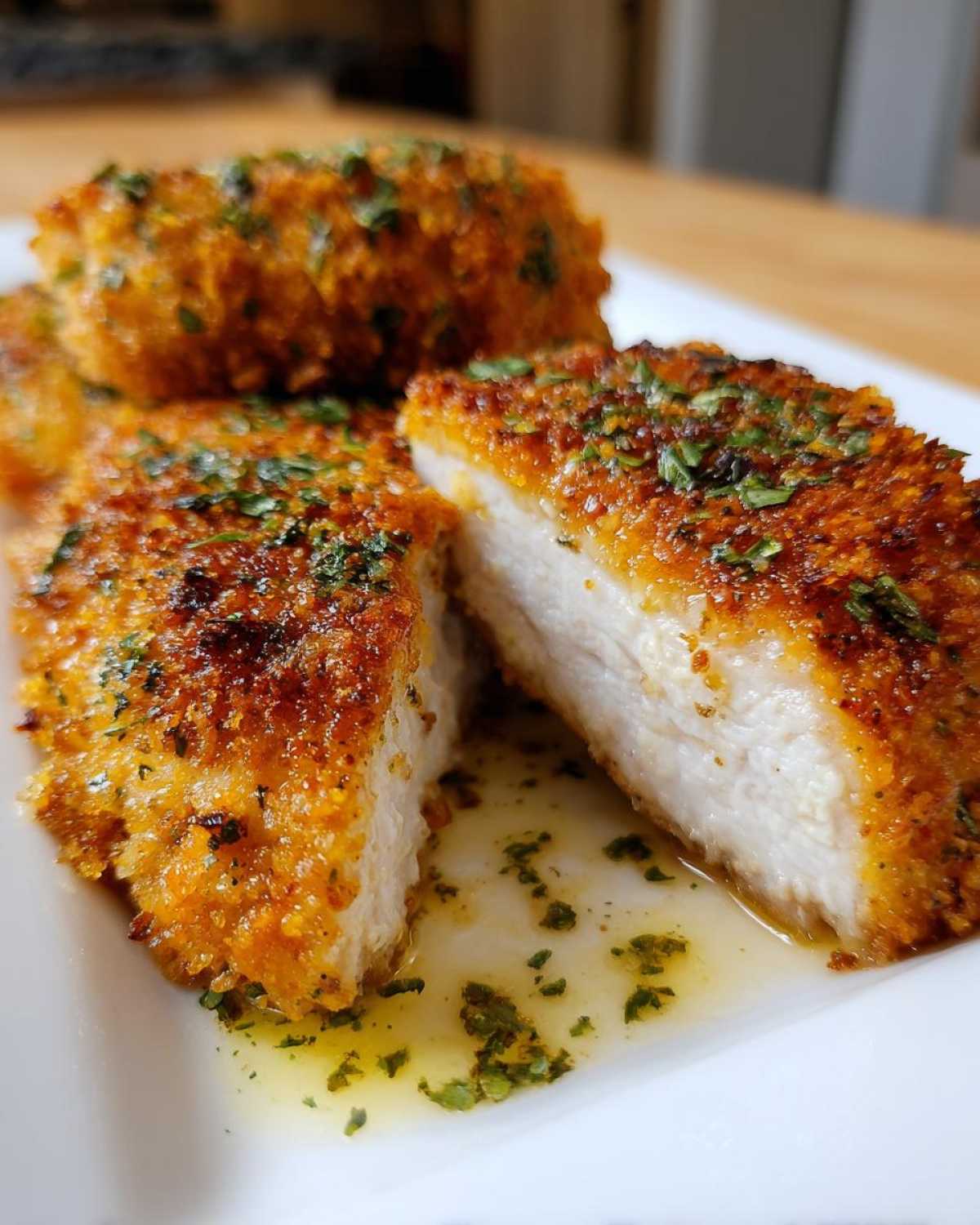 Close-up of a juicy, crispy air fryer pork chop cut in half, resting in garlic butter sauce.