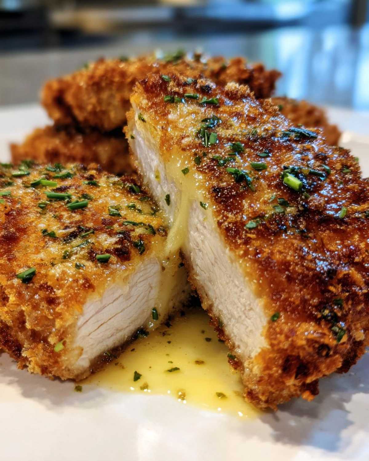 Cross-section of Crispy Air Fryer Pork Chops showing juicy white meat and melted garlic butter sauce.