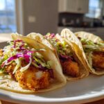 Three Crispy Baked Fish Tacos topped with vibrant red and green lime slaw on a white plate.