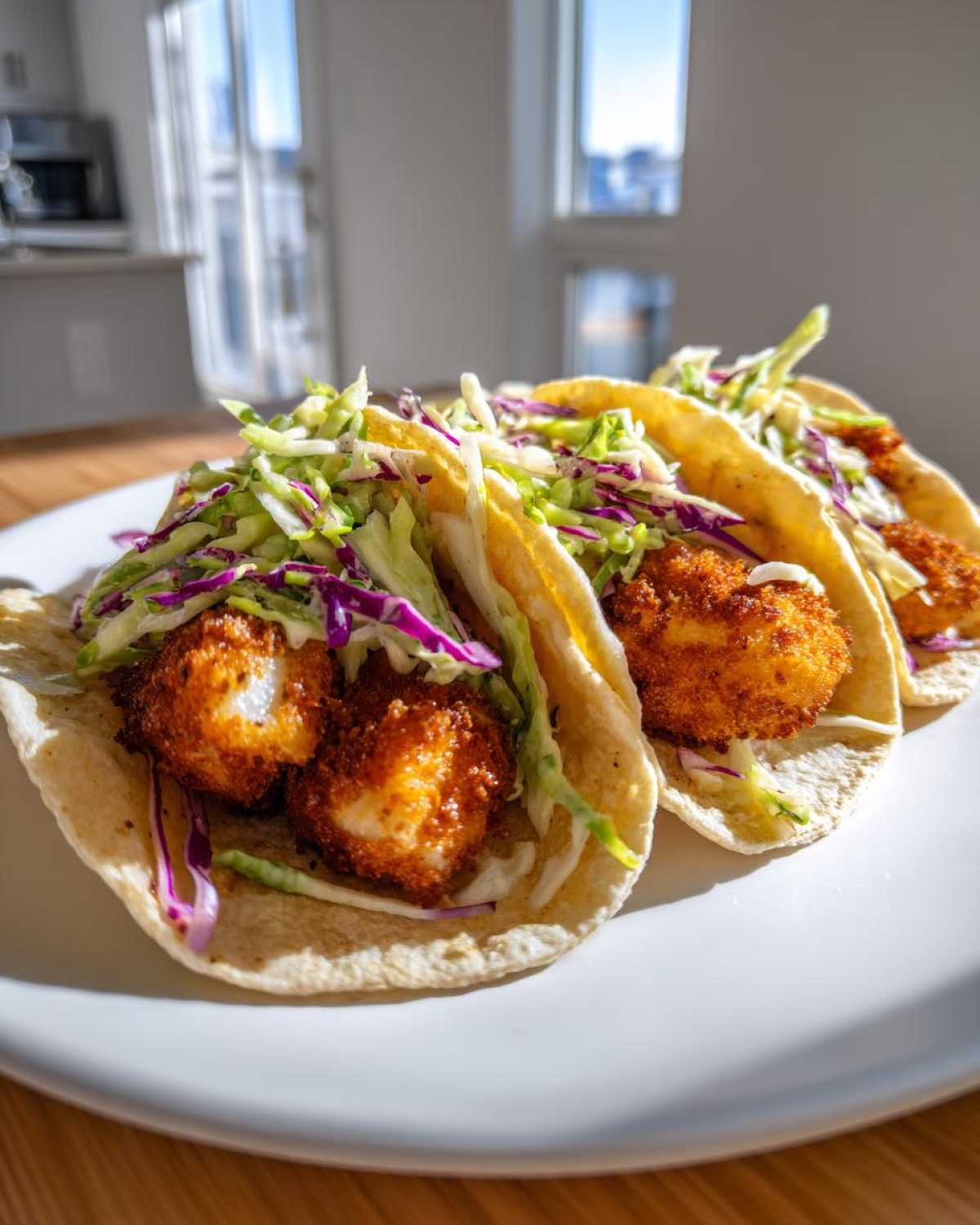 Three Crispy Baked Fish Tacos topped with vibrant lime slaw on a white plate.