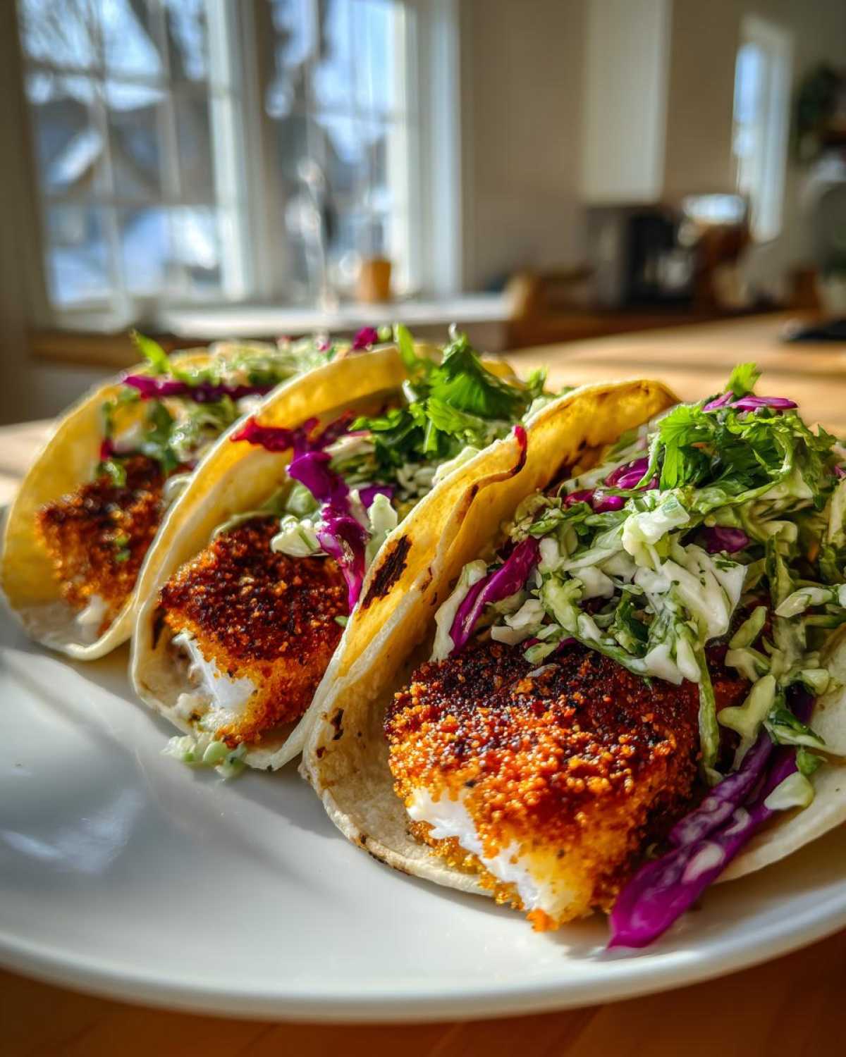 Three Crispy Baked Fish Tacos featuring golden breaded fish and bright lime slaw on a white plate.