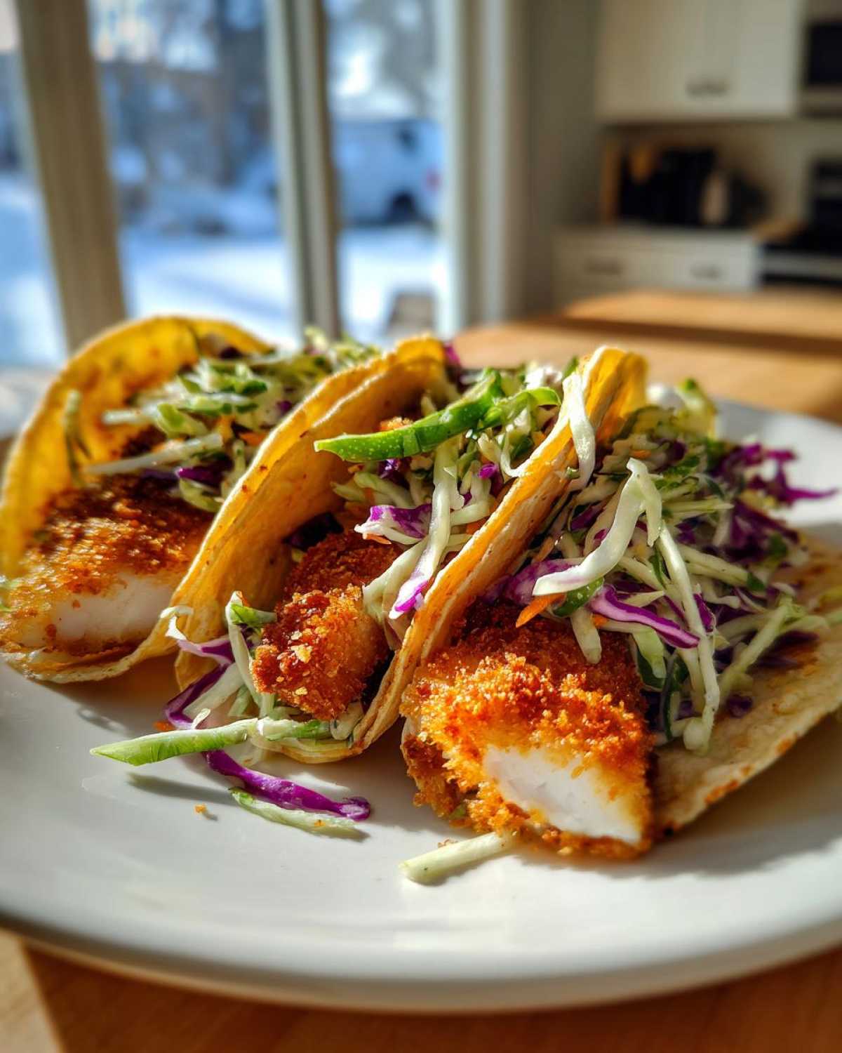 Three Crispy Baked Fish Tacos filled with golden breaded fish and bright lime slaw, served on a white plate.