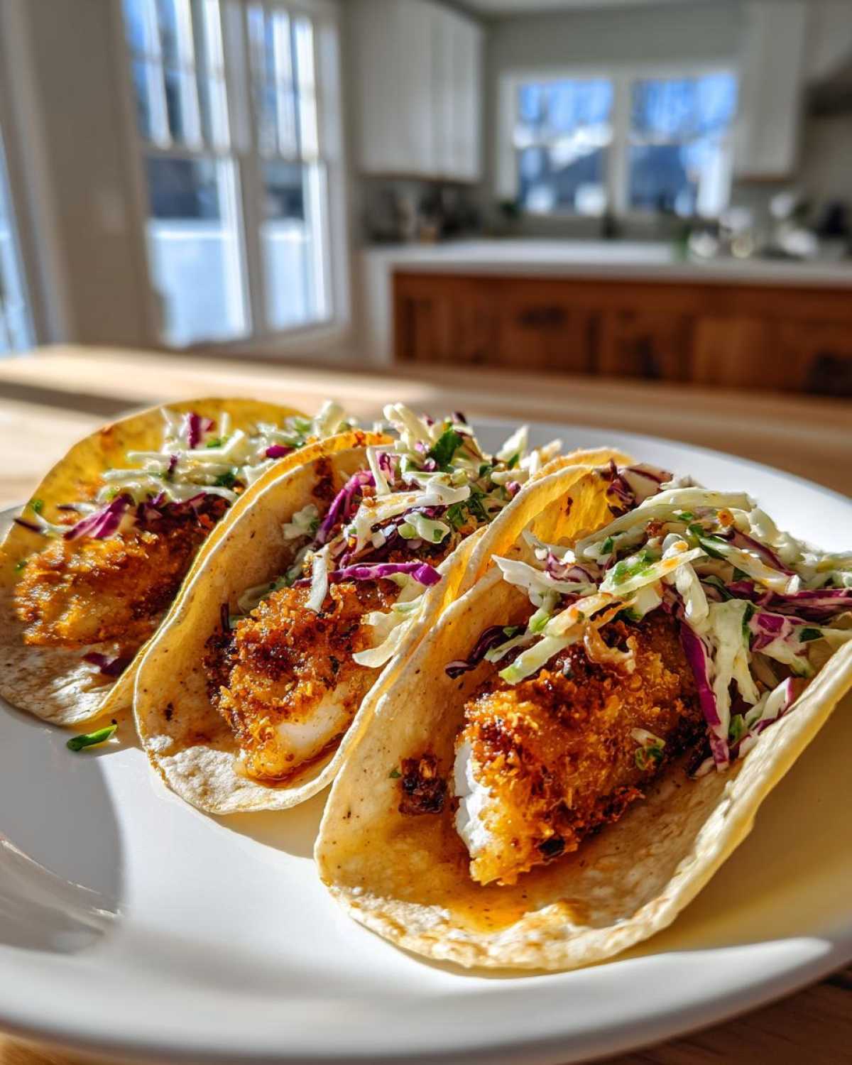 Three Crispy Baked Fish Tacos topped with vibrant lime slaw, served on a white plate.