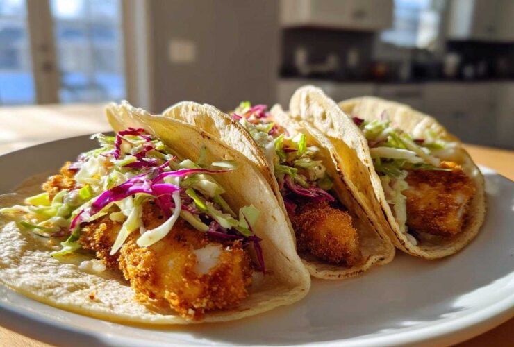 Three Crispy Baked Fish Tacos topped with vibrant red and green lime slaw on a white plate.