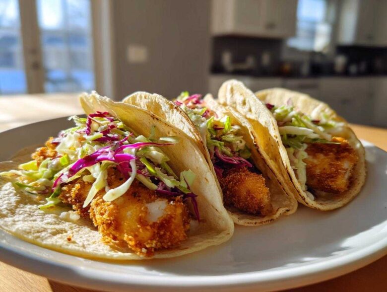 Three Crispy Baked Fish Tacos topped with vibrant red and green lime slaw on a white plate.
