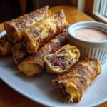A plate of golden brown Crispy Baked Reuben Egg Rolls, one cut open showing corned beef and sauerkraut filling, served with Thousand Island dip.