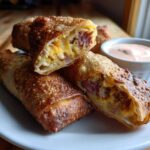 Close-up of crispy baked Reuben egg rolls, one cut open showing corned beef and cheese, served with Thousand Island dip.