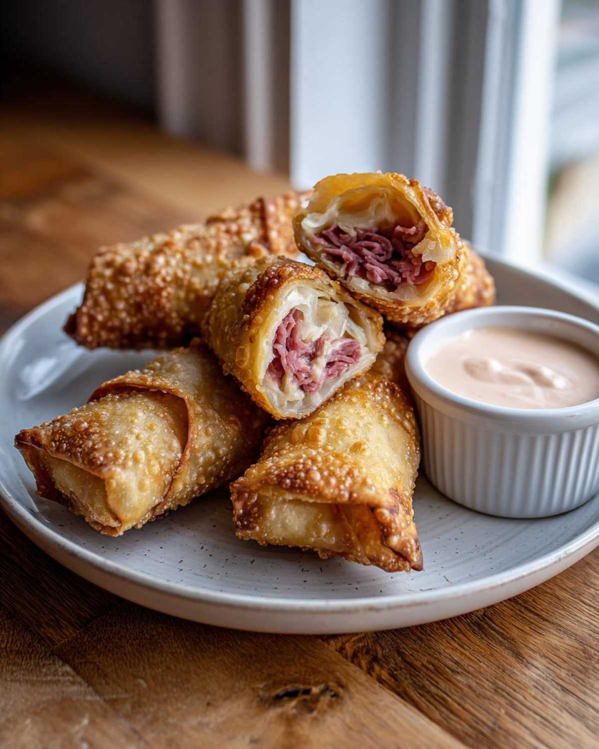 A plate of golden brown Crispy Baked Reuben Egg Rolls, one cut open showing corned beef and cheese, served with Thousand Island Dip.