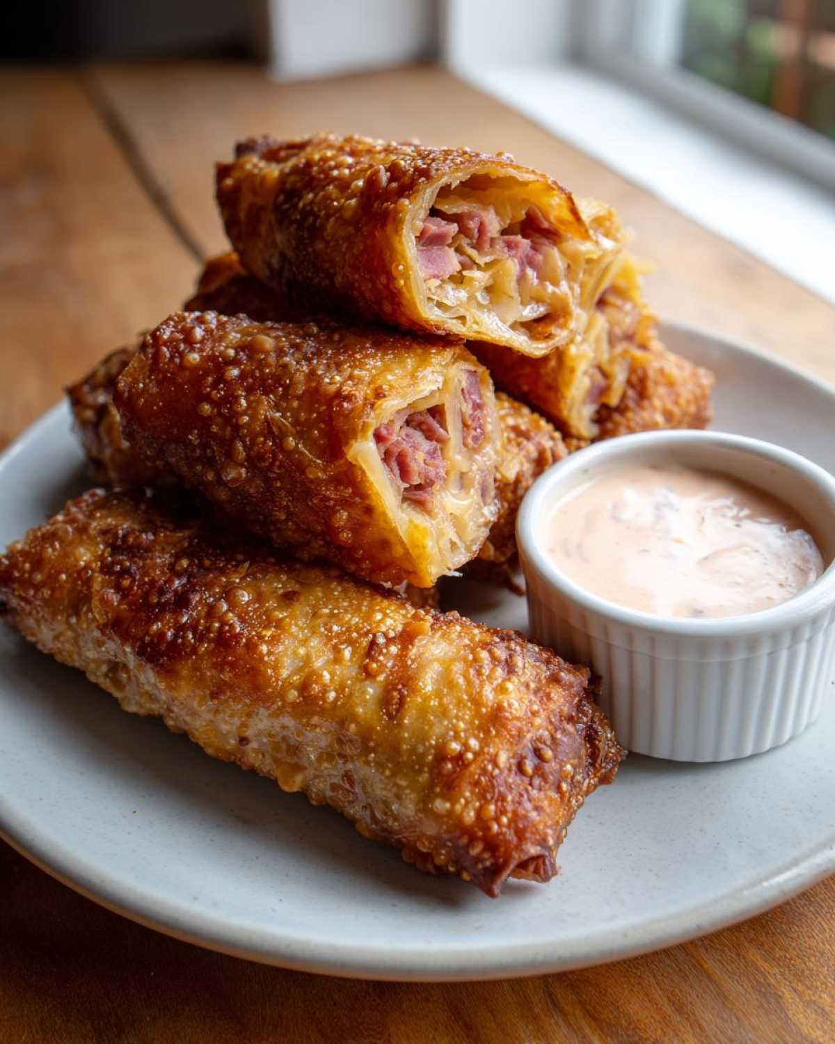 A stack of golden brown Crispy Baked Reuben Egg Rolls served with Thousand Island Dip.