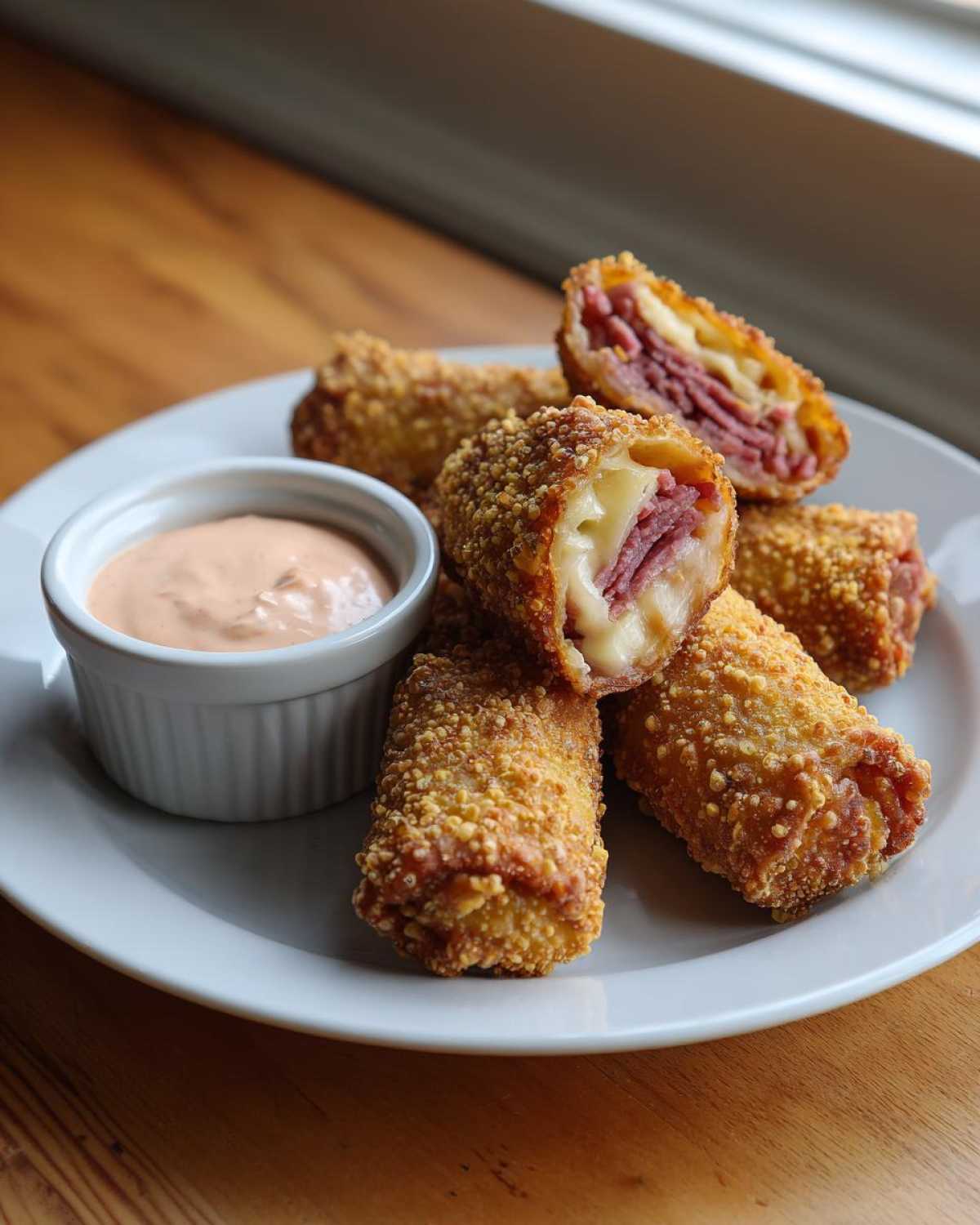 Plate of Crispy Baked Reuben Egg Rolls, one cut open showing melted cheese and corned beef.