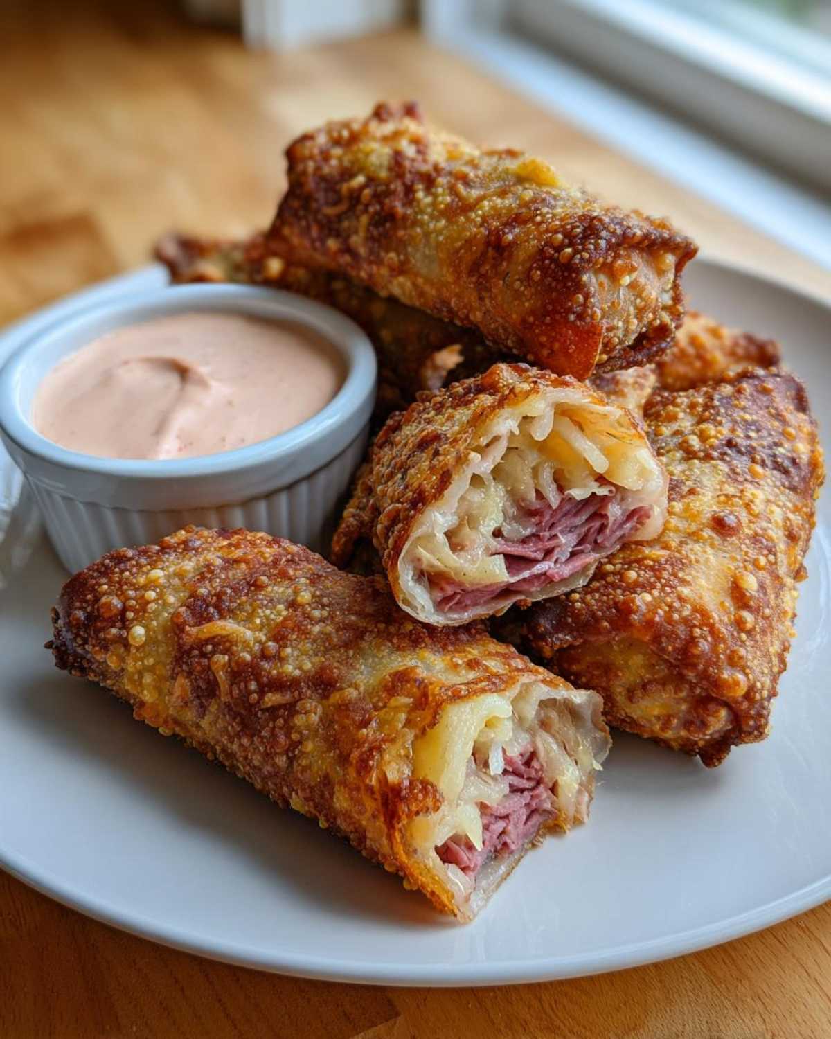 Golden brown Crispy Baked Reuben Egg Rolls piled on a white plate next to a small bowl of Thousand Island Dip.