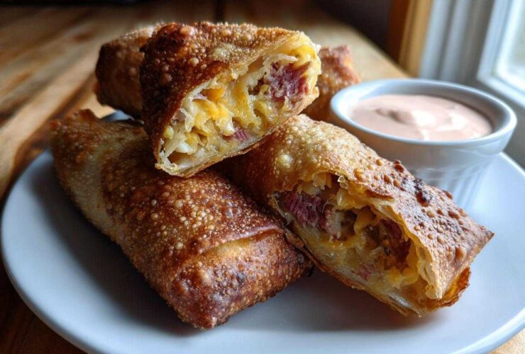 Close-up of crispy baked Reuben egg rolls, one cut open showing corned beef and cheese, served with Thousand Island dip.