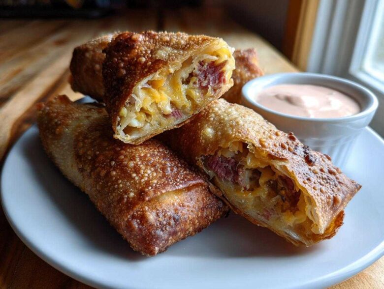 Close-up of crispy baked Reuben egg rolls, one cut open showing corned beef and cheese, served with Thousand Island dip.