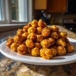 A mound of golden, seasoned Crunchy Air Fryer Ranch Chickpeas piled high on a white plate.