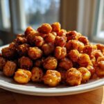A mound of golden brown, seasoned Crunchy Air Fryer Ranch Chickpeas piled high on a white plate.