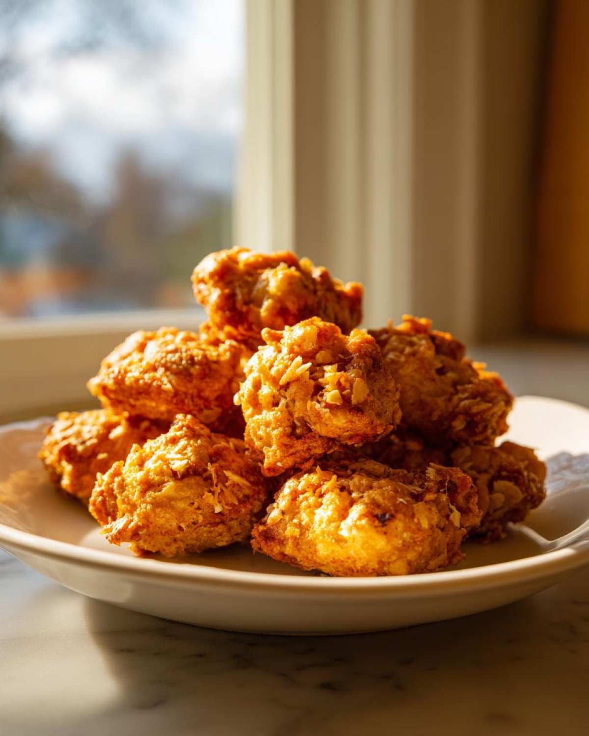 A close-up of a pile of golden brown, crunchy Air Fryer Ranch Chickpeas stacked on a white plate near a window.