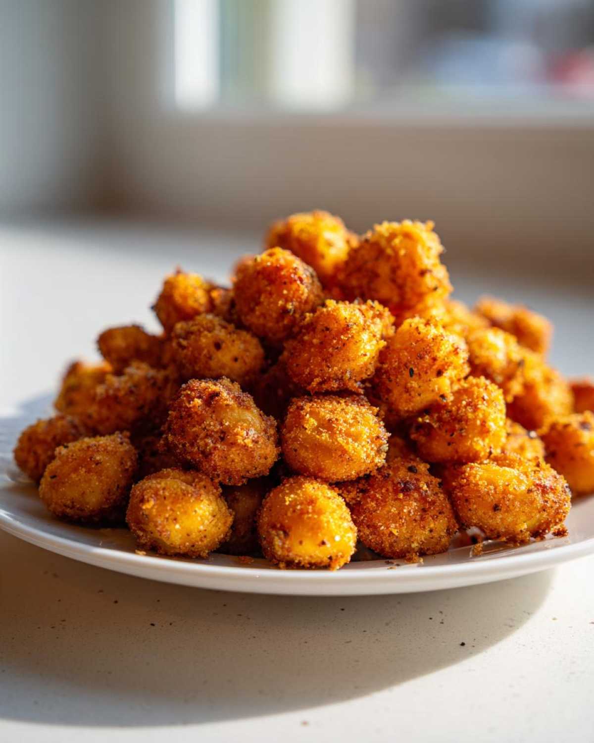 A close-up of a mound of golden brown, Crunchy Air Fryer Ranch Chickpeas piled high on a white plate.