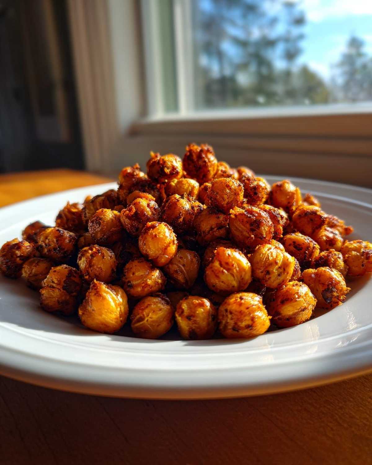 A mound of golden brown, seasoned Crunchy Air Fryer Ranch Chickpeas piled high on a white plate.