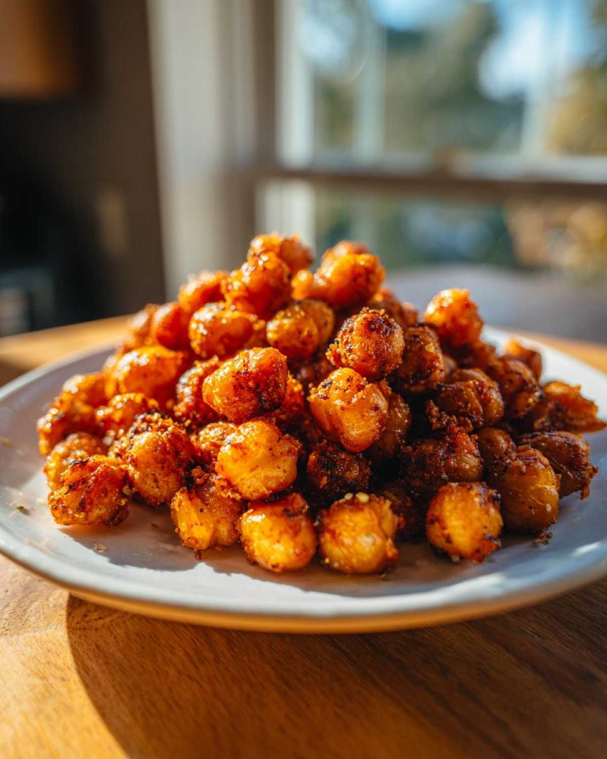 A close-up shot of a mound of golden brown, seasoned Crunchy Air Fryer Ranch Chickpeas piled high on a white plate.