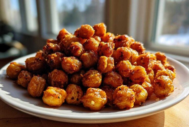 A mound of golden brown, seasoned Crunchy Air Fryer Ranch Chickpeas piled high on a white plate.