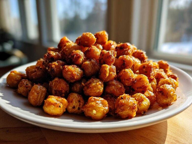 A mound of golden brown, seasoned Crunchy Air Fryer Ranch Chickpeas piled high on a white plate.
