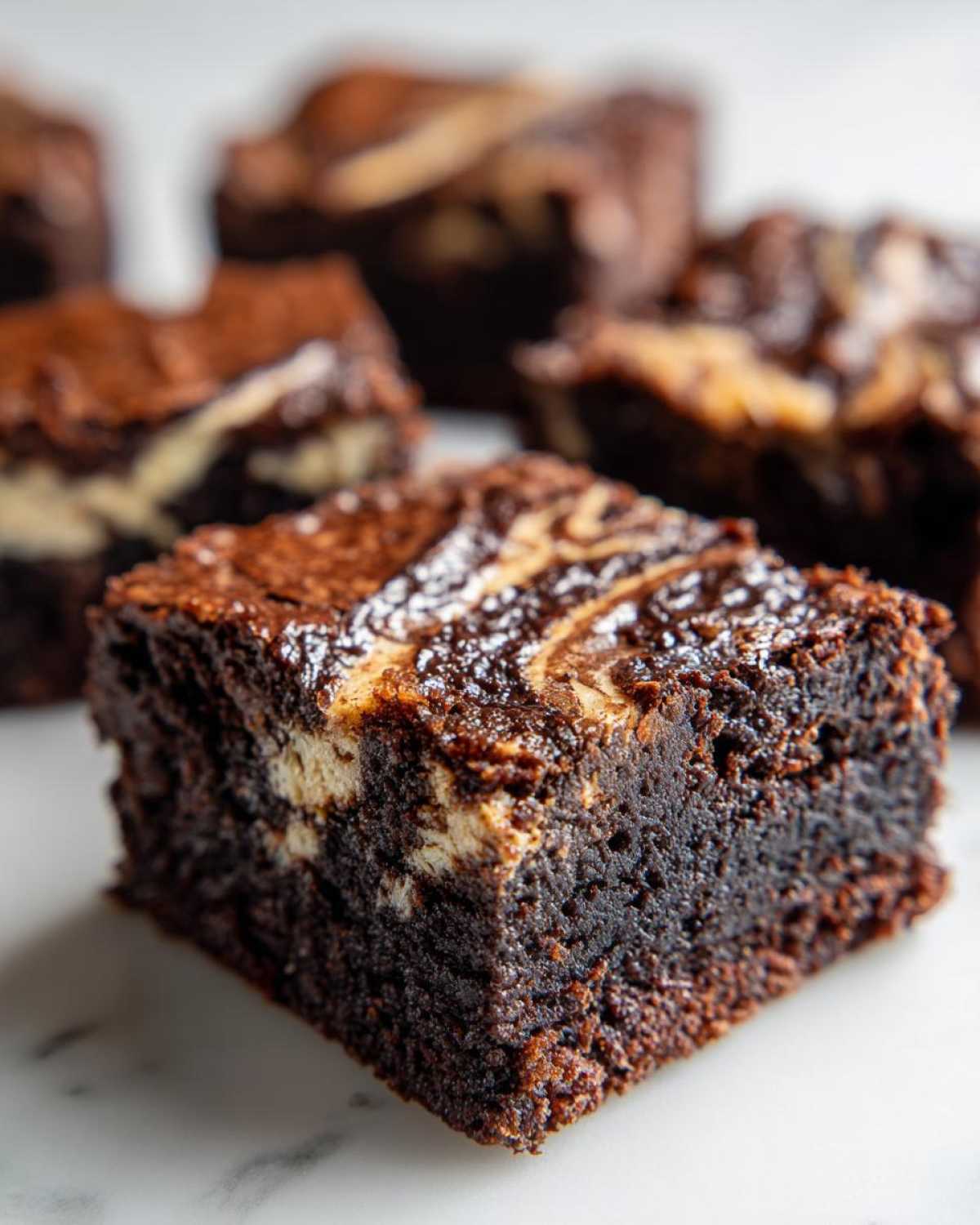 A close-up of a fudgy Dark Chocolate Tahini Brownies square with a light tahini swirl on top.
