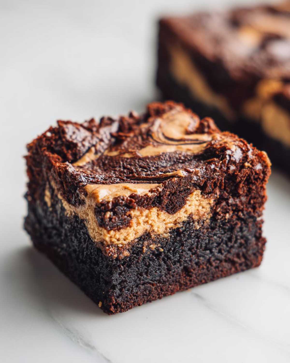 A rich, fudgy square of Dark Chocolate Tahini Brownies with a visible tahini swirl on top.