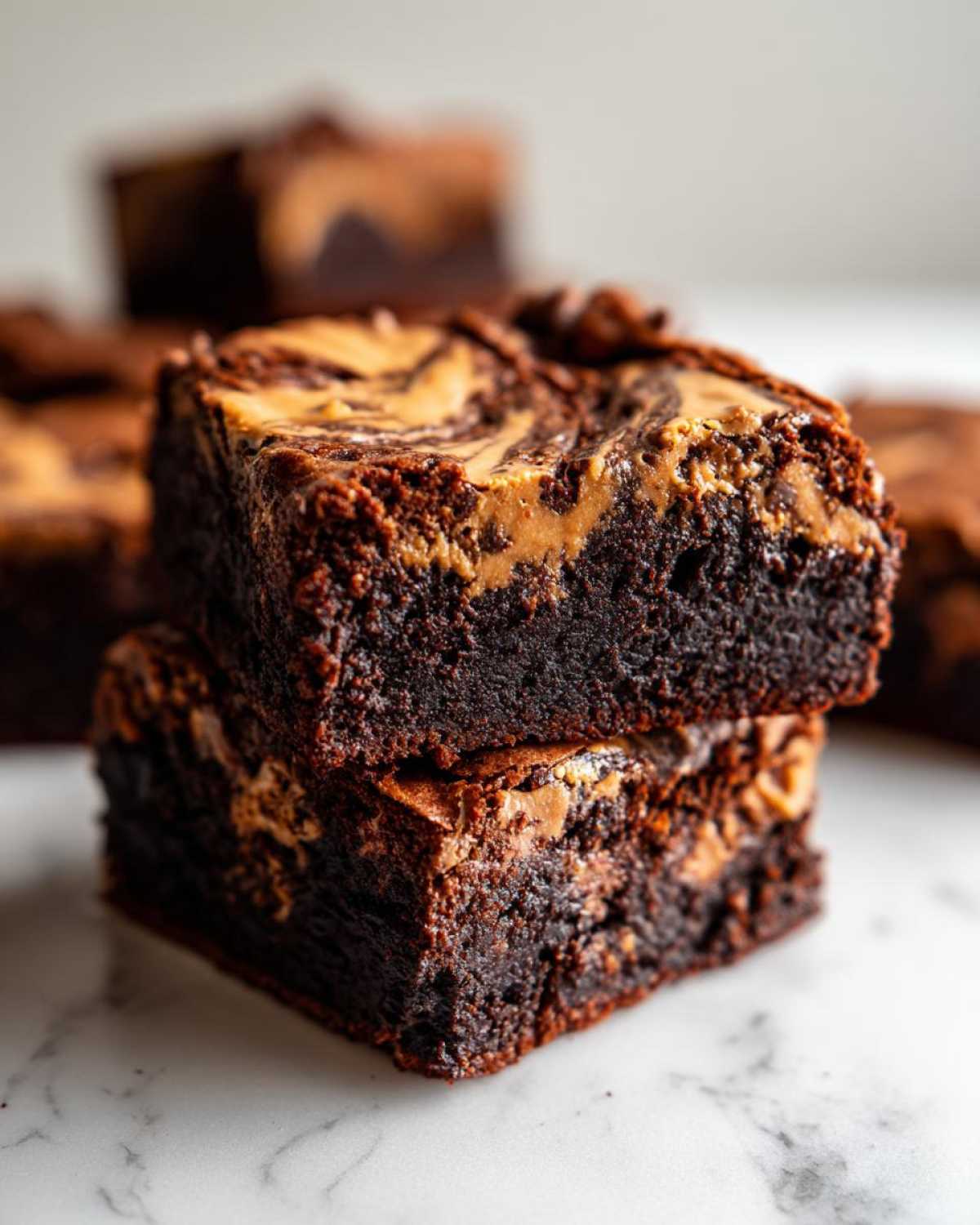 Two stacked, fudgy Dark Chocolate Tahini Brownies showing a rich swirl of tahini on top.