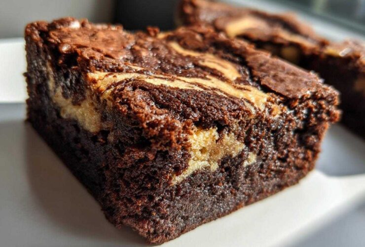 Close-up of a fudgy Dark Chocolate Tahini Brownies square showing a creamy tahini swirl.