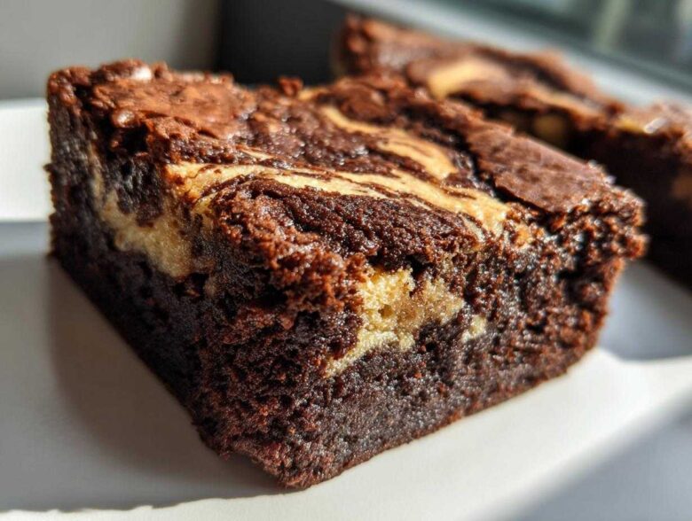 Close-up of a fudgy Dark Chocolate Tahini Brownies square showing a creamy tahini swirl.