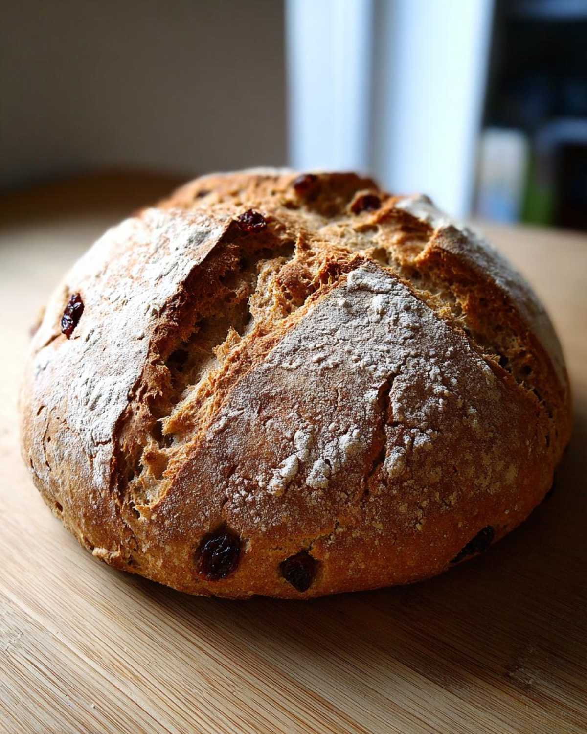 A freshly baked, round loaf of Easy Irish Soda Bread with Buttermilk and Raisins sitting on a wooden board.
