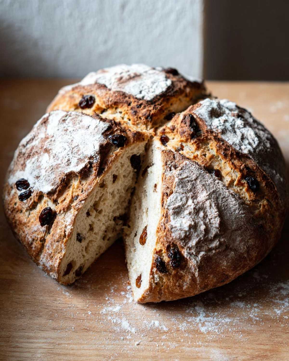 A rustic loaf of Easy Irish Soda Bread with Buttermilk and Raisins, dusted with flour and sliced open.