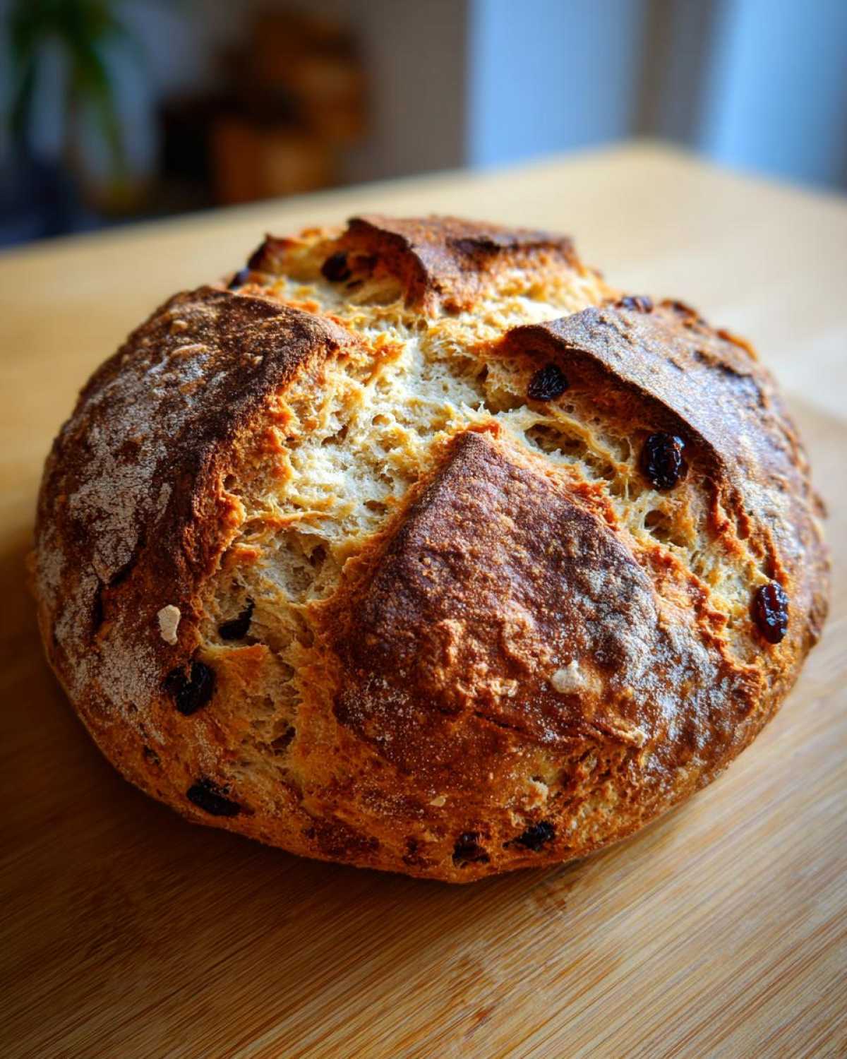 A freshly baked, round loaf of Easy Irish Soda Bread with Buttermilk and Raisins showing a deep golden crust.