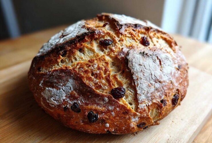 A rustic, round loaf of Easy Irish Soda Bread with buttermilk and raisins, featuring a golden-brown, cracked crust dusted with flour.