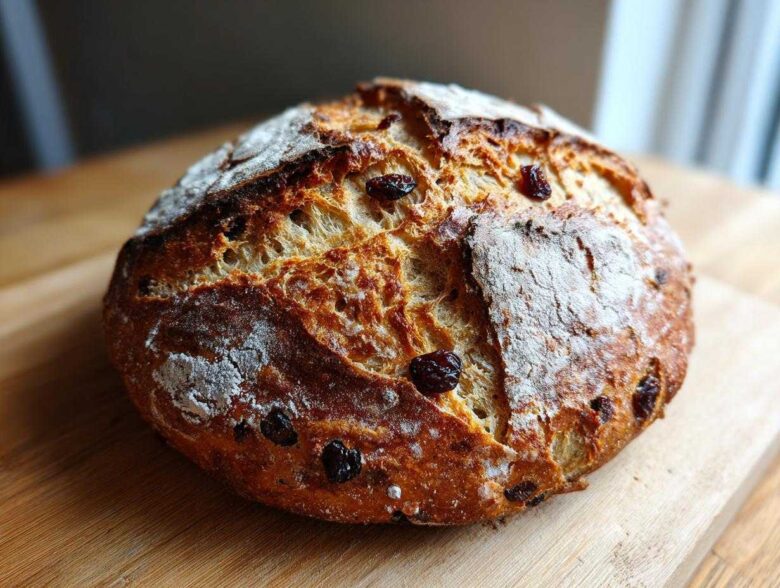 A rustic, round loaf of Easy Irish Soda Bread with buttermilk and raisins, featuring a golden-brown, cracked crust dusted with flour.