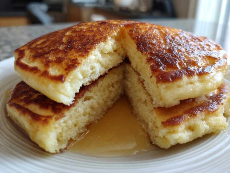 Close-up of fluffy Gluten-Free Buttermilk Pancakes cut open, showing the interior texture and syrup.