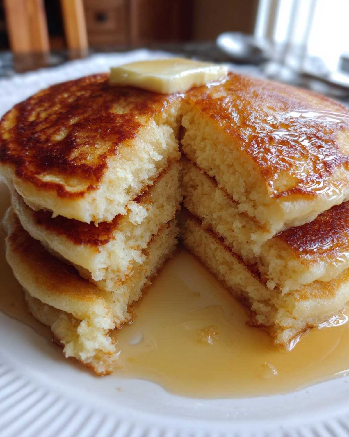 Close-up of fluffy Gluten-Free Buttermilk Pancakes stacked, cut in half, topped with butter and syrup.