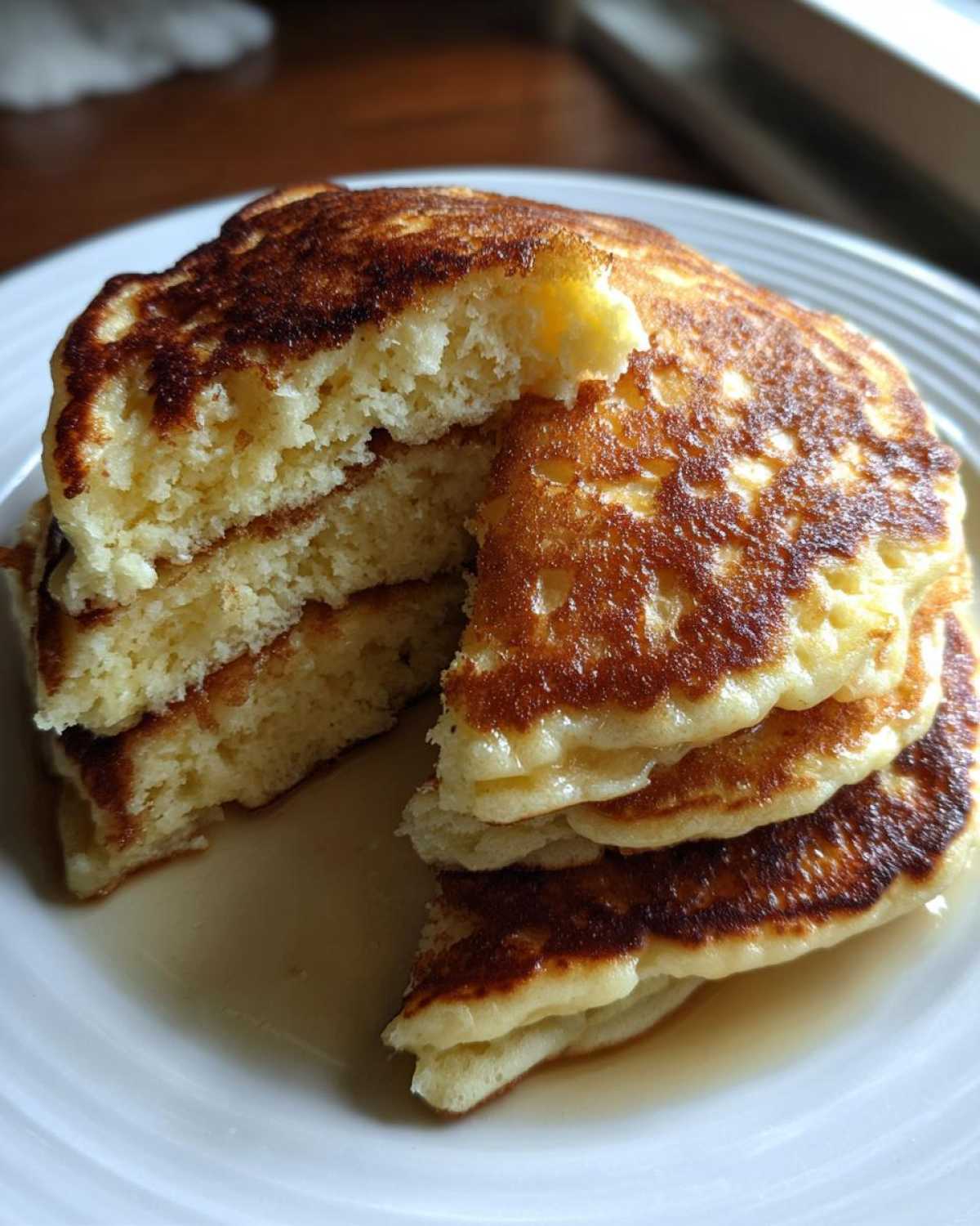 A stack of fluffy Gluten-Free Buttermilk Pancakes, cut to show the airy interior, drizzled with syrup.