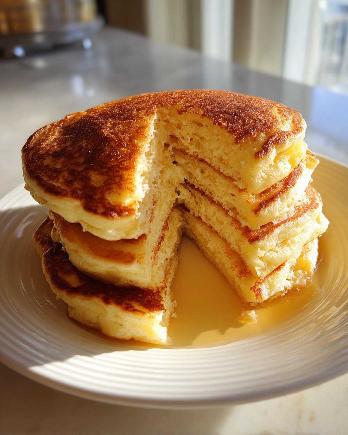 A tall stack of fluffy Gluten-Free Buttermilk Pancakes with a slice cut out, sitting in syrup.
