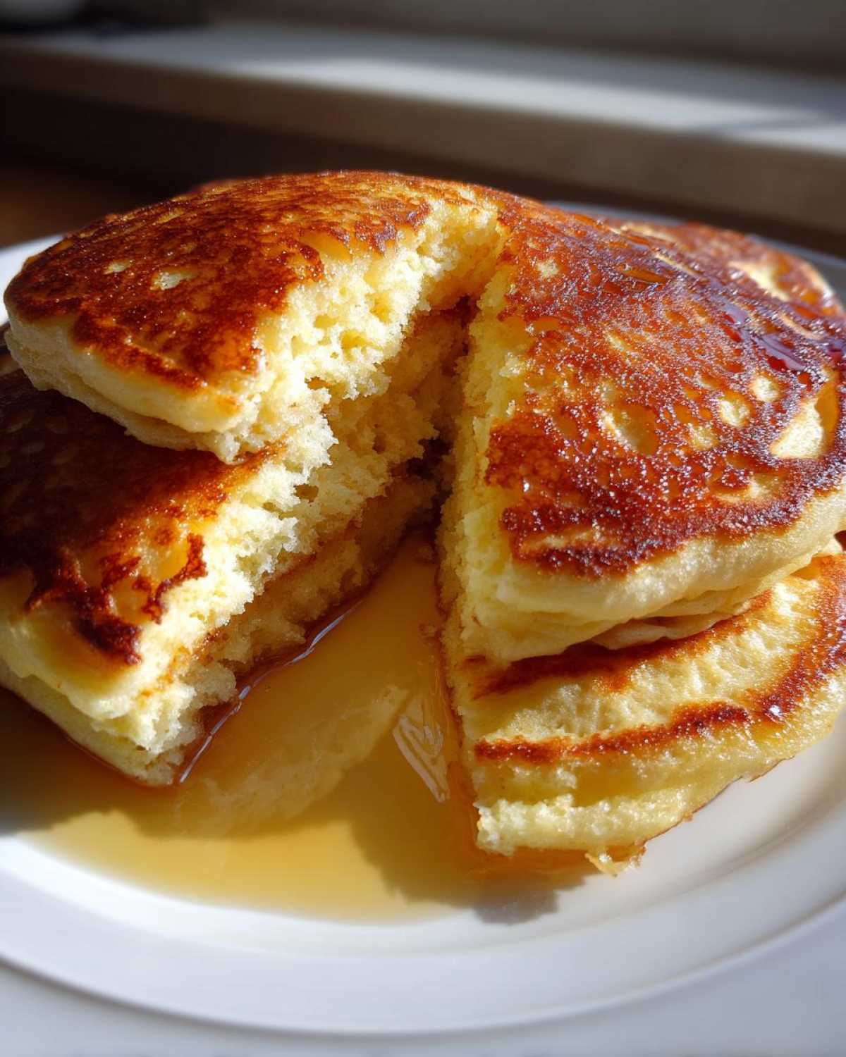 Close-up of fluffy Gluten-Free Buttermilk Pancakes, cut open to show the interior texture, sitting in a pool of syrup.