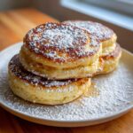 A stack of three very thick and fluffy Lemon Ricotta Pancakes dusted heavily with powdered sugar.