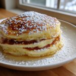 A stack of three thick, fluffy Lemon Ricotta Pancakes drizzled with syrup and dusted heavily with powdered sugar.
