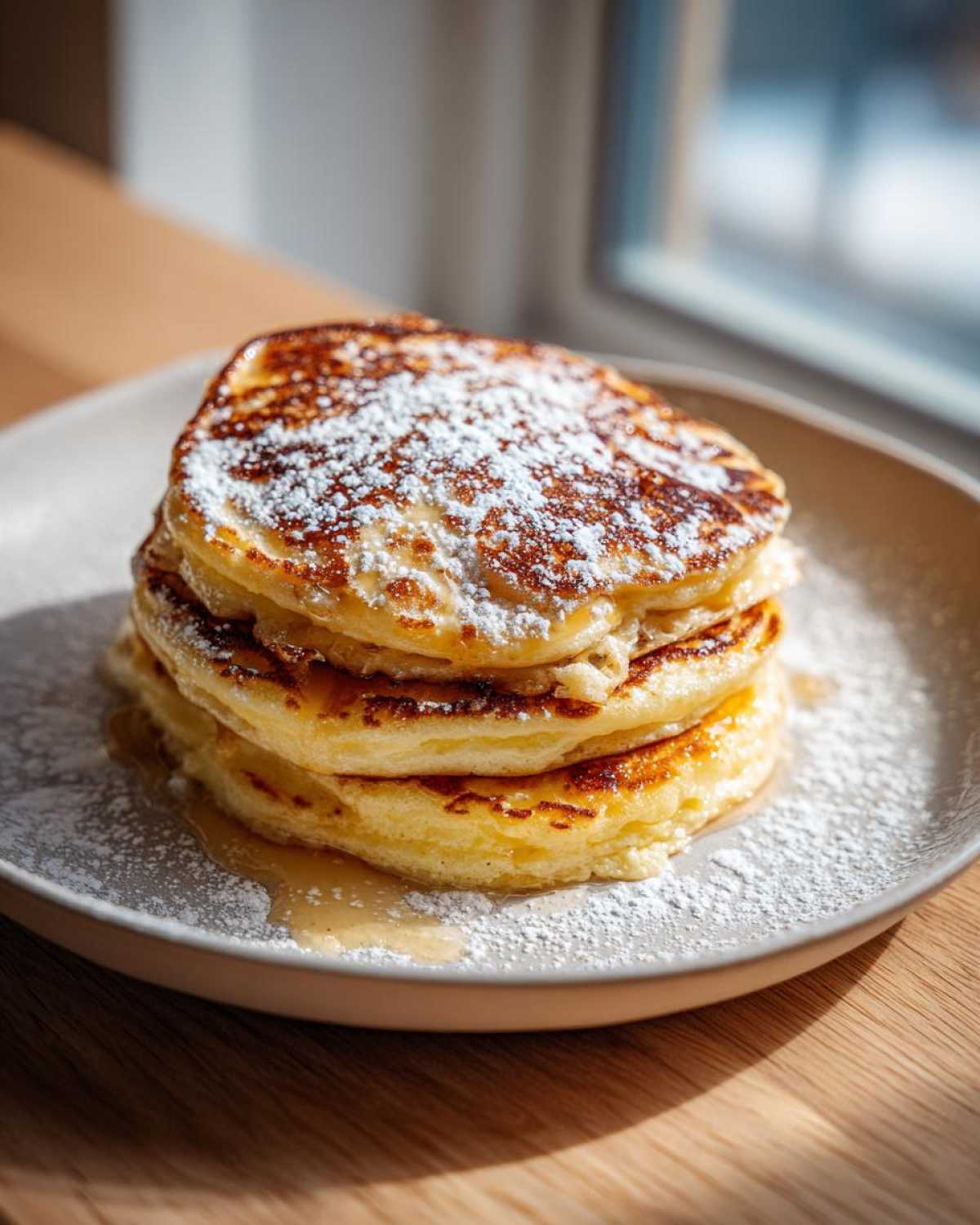 A tall stack of four Fluffy Lemon Ricotta Pancakes dusted heavily with powdered sugar on a light plate.
