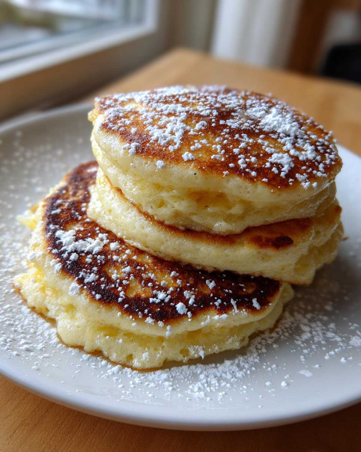 A stack of three incredibly fluffy Lemon Ricotta Pancakes dusted generously with white powdered sugar.