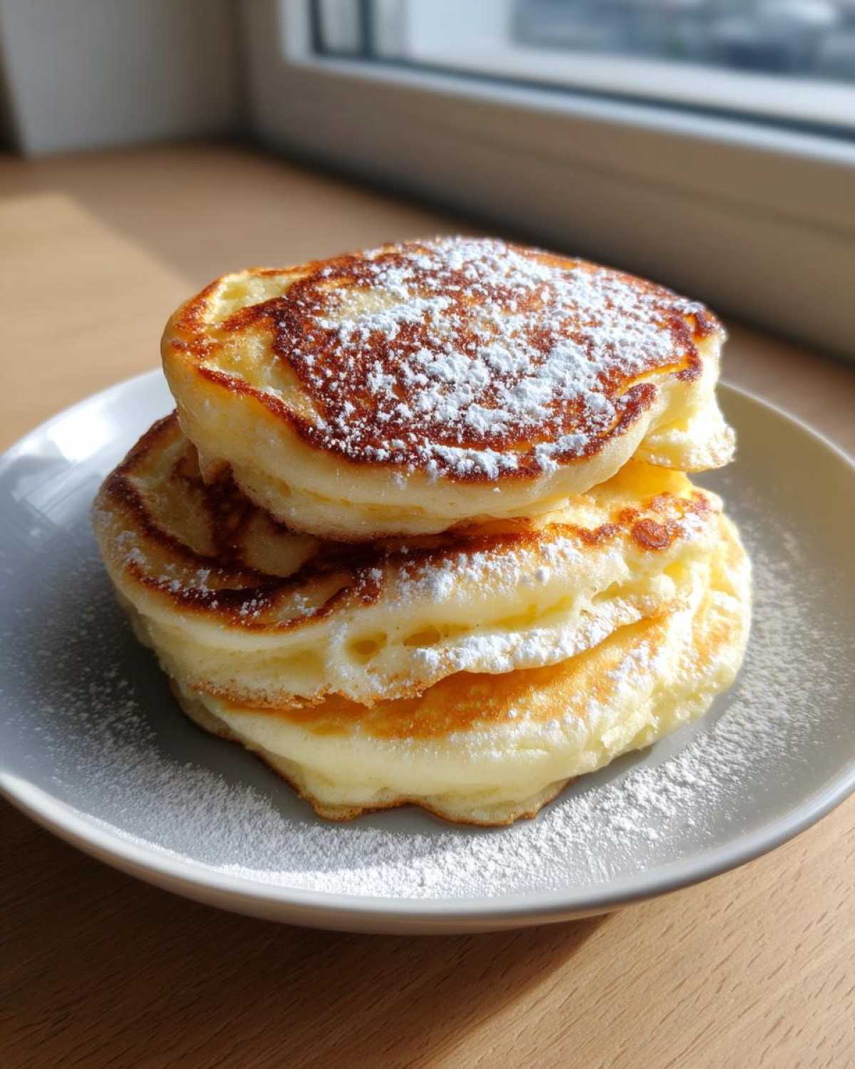 A stack of three incredibly fluffy Lemon Ricotta Pancakes dusted generously with powdered sugar.